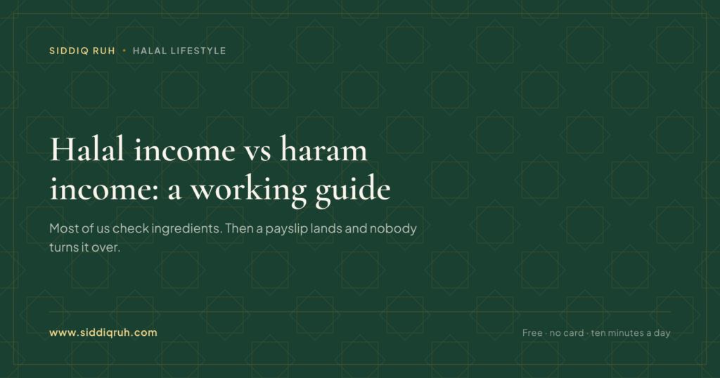 Siddiq RUH article card. The headline “Halal income vs haram income: a working guide” in cream serif on a deep green ground patterned with gold eight-point stars.